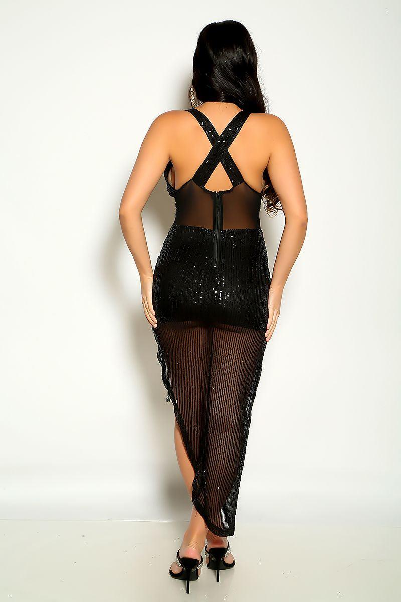 Black Halter Sleeveless Mesh Sequins High Slit party Dress - AMIClubwear