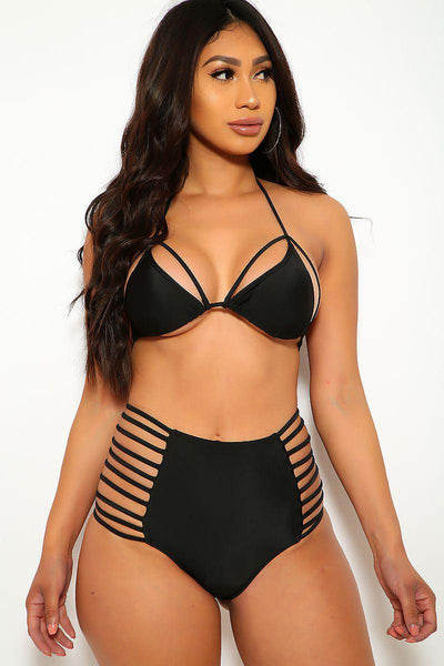 Black Halter Strappy Sexy Two Piece Swimsuit - AMIClubwear