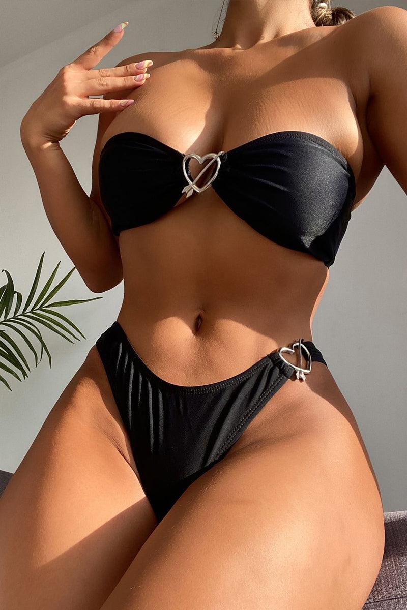 Black Heart Metal Accent Bandeau Sexy Two Piece Swimsuit - AMIClubwear