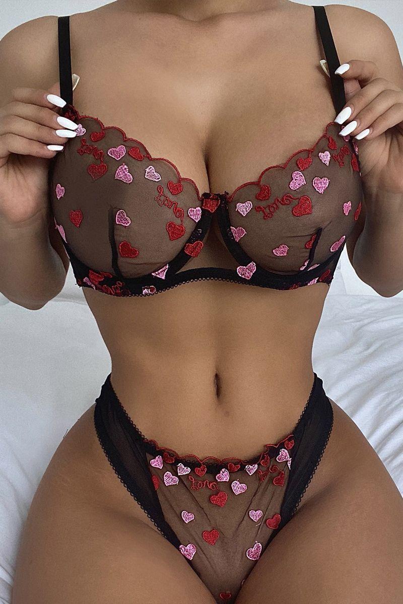 Black Heart Print Mesh Sexy Two Piece Lingerie - AMIClubwear