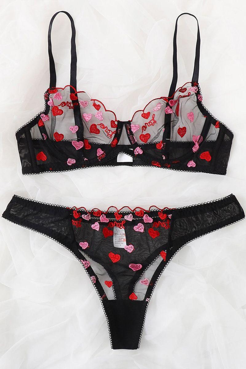 Black Heart Print Mesh Sexy Two Piece Lingerie - AMIClubwear