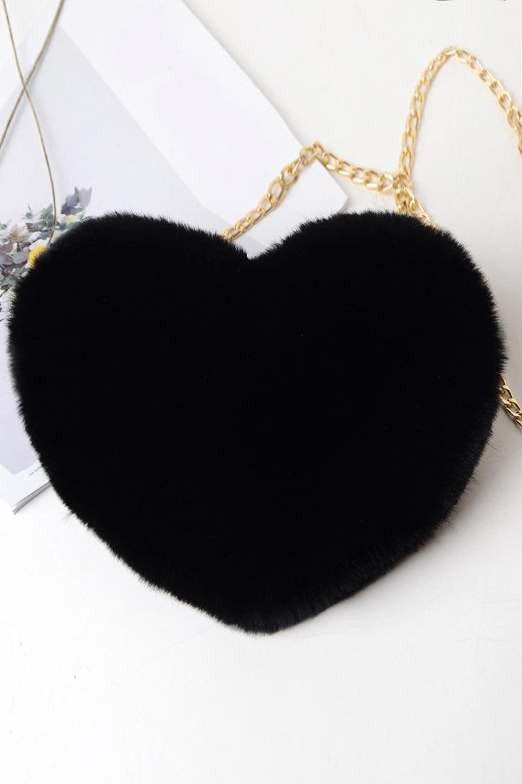 Black Heart Shaped Plush Chain Crossbody Bag - AMIClubwear