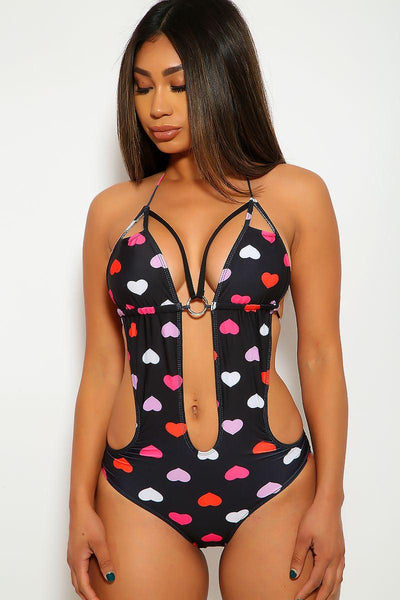 Black Hearts O-Ring One Piece Swimsuit - AMIClubwear