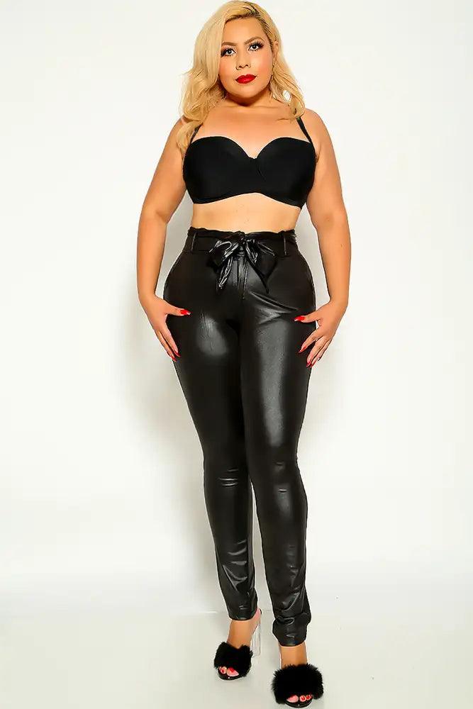 Black High Rise Belted Plus Size Pants - AMIClubwear
