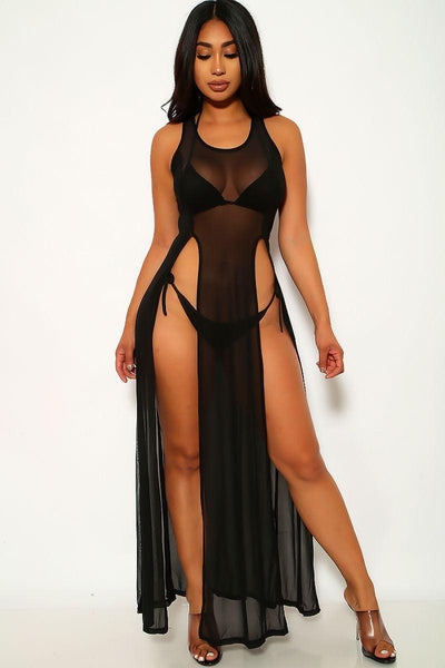 Black High Slit Three Piece Swimsuit Set - AMIClubwear