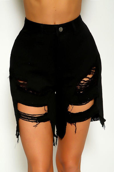 Black High Waist Distressed Button Fly Denim Shorts - AMIClubwear