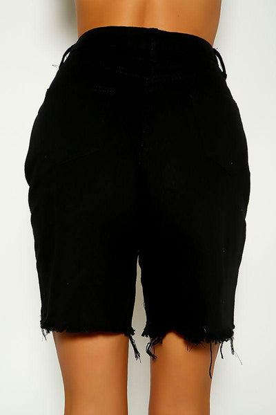 Black High Waist Distressed Button Fly Denim Shorts - AMIClubwear