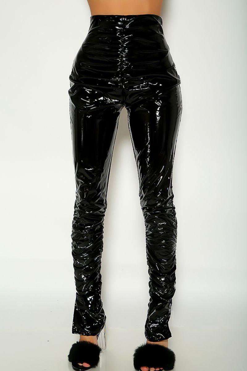Black High Waist Patent Leather Ruched Ankle Slit Pants - AMIClubwear