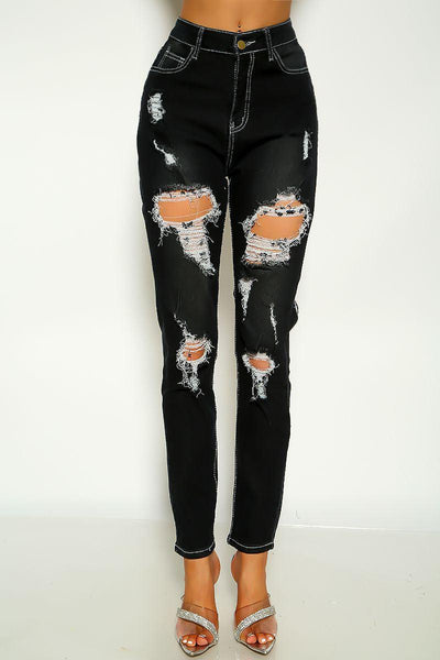 Black High Waist Stitched Detail Distressed Skinny Jeans - AMIClubwear