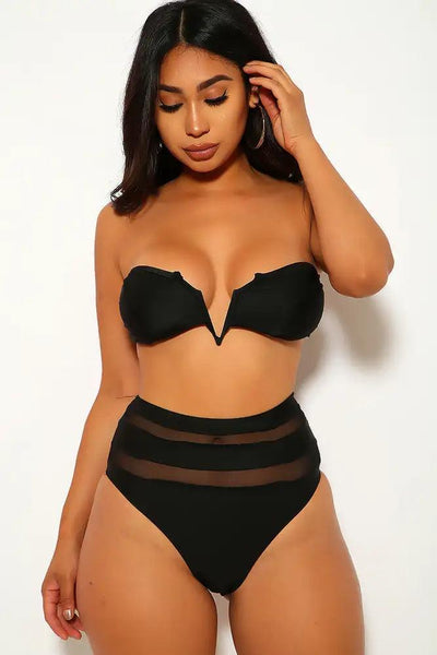 Black High Waist Three Piece Swimsuit Set - AMIClubwear