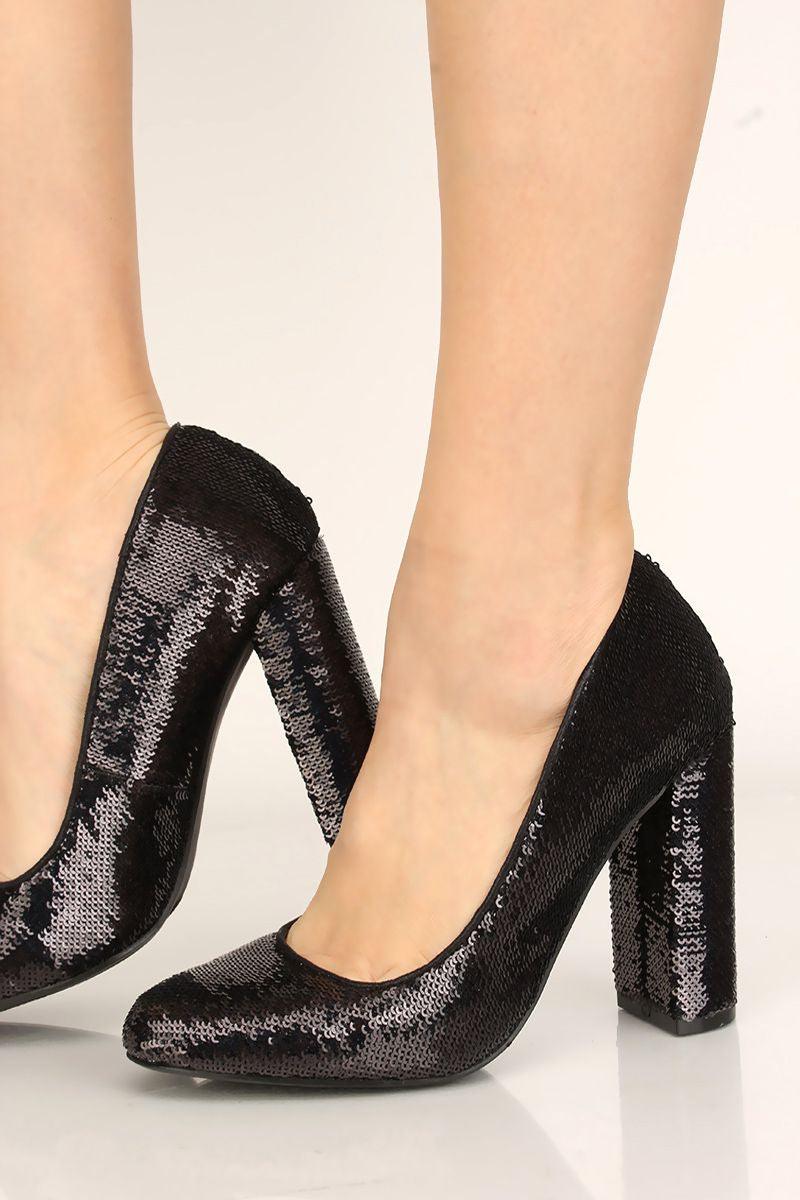 Black Hologram Sequins Chunky High Heels - AMIClubwear