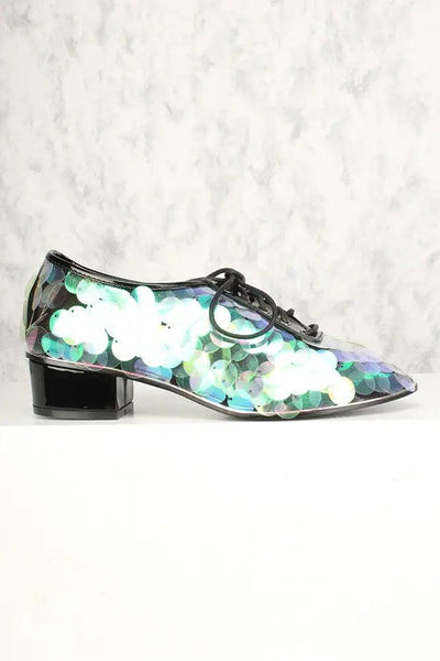 Black Holographic Sequin Oxford Chunky High Heels - AMIClubwear