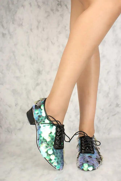 Black Holographic Sequin Oxford Chunky High Heels - AMIClubwear