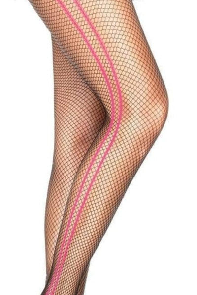 Black Hot Pink Side Stripes Fishnet Pantyhose - AMIClubwear