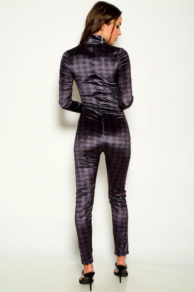 Black Houndstooth Velvet Mock Neck Long Sleeve Jumpsuit - AMIClubwear