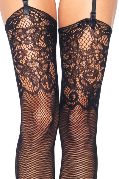 Black Jacquard Lace Top Fishnet Stockings - AMIClubwear