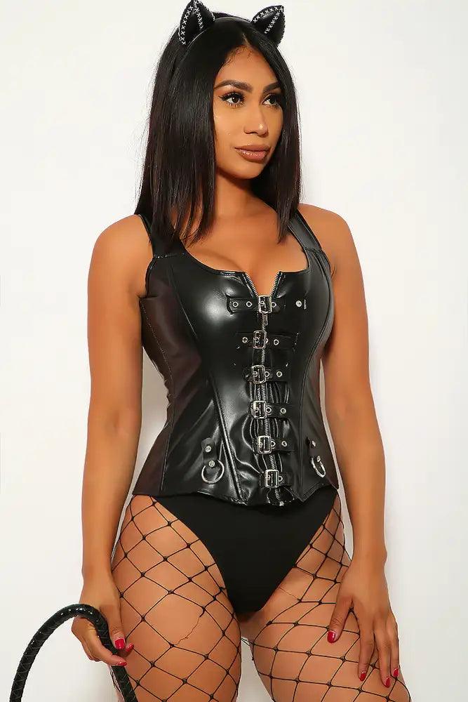Black Kitty Faux Leather 1 Piece Costume - AMIClubwear