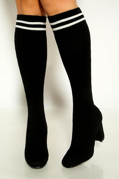 Black Knit Sweater Chunky Heel Calf High Sock Boot - AMIClubwear