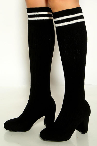 Black Knit Sweater Chunky Heel Calf High Sock Boot - AMIClubwear