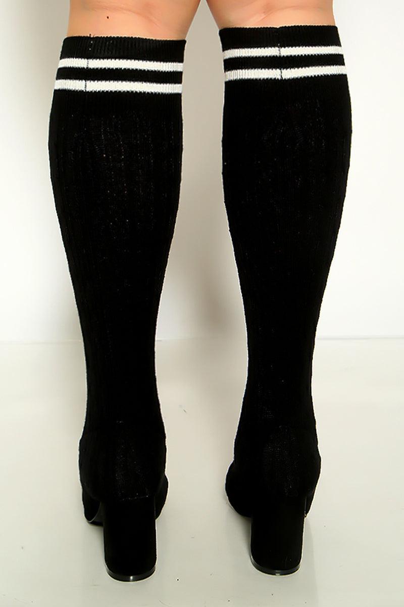 Black Knit Sweater Chunky Heel Calf High Sock Boot - AMIClubwear