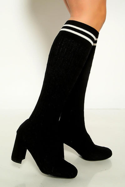 Black Knit Sweater Chunky Heel Calf High Sock Boot - AMIClubwear