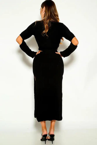 Black Knitted Cut Out Double Slit Sweater Two Piece Dress - AMIClubwear