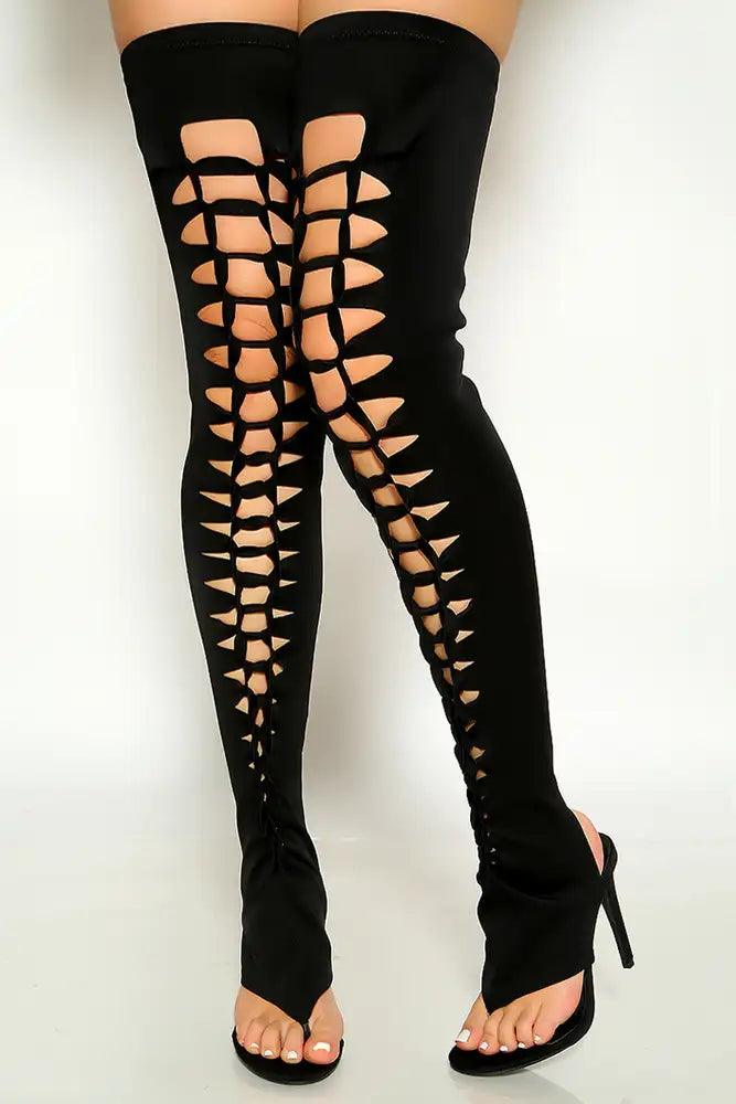 Black Knotted Sandal High Heel Thigh High Boots - AMIClubwear