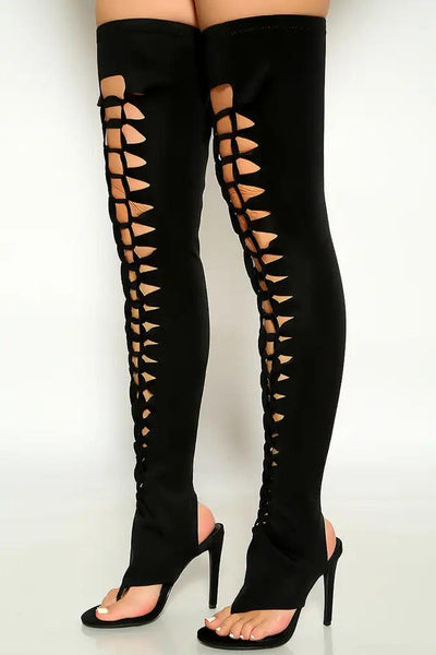 Black Knotted Sandal High Heel Thigh High Boots - AMIClubwear