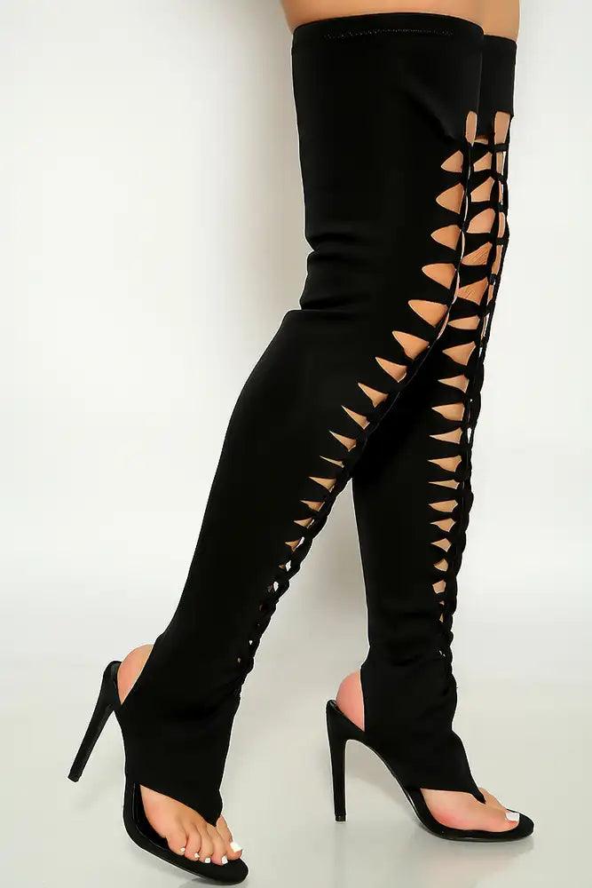 Black Knotted Sandal High Heel Thigh High Boots - AMIClubwear