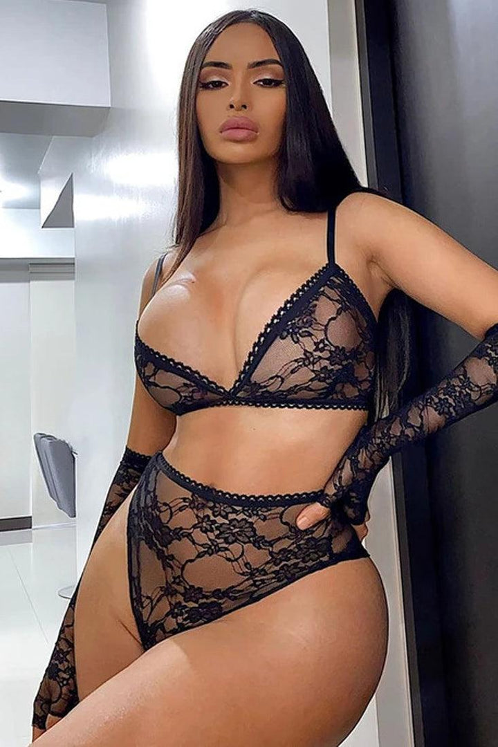 Black Lace Arm Sleeves High Waist 3 Pc Lingerie Set AMIClubwear Black Lace Arm Sleeves High Waist 3 Pc Lingerie Set AMIClubwear