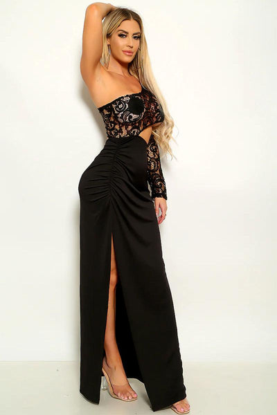 Black Lace Asymmetrical Thigh High Slit Maxi Party Dress - AMIClubwear