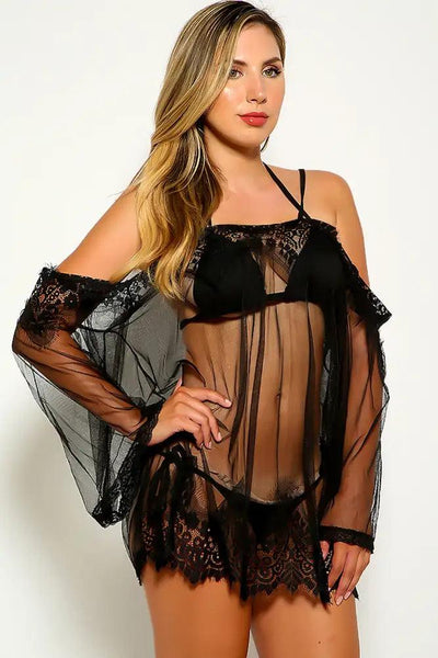 Black Lace Bare Shoulder Nightgown Lingerie - AMIClubwear