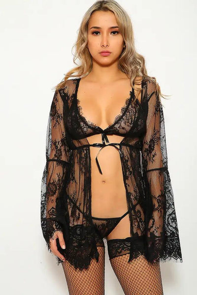 Black Lace Embroidered Crochet Robe Two Piece Lingerie - AMIClubwear