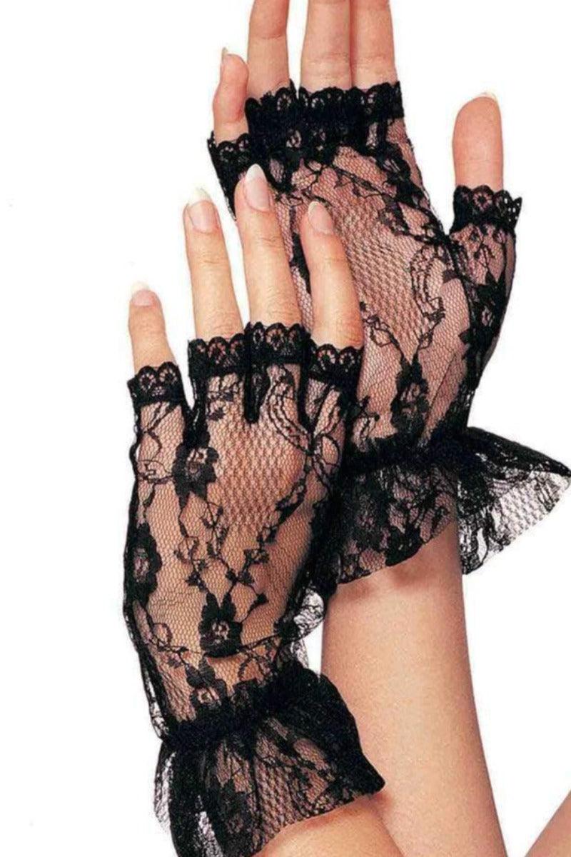 Black Lace Embroidered Fingerless Costume Gloves - AMIClubwear