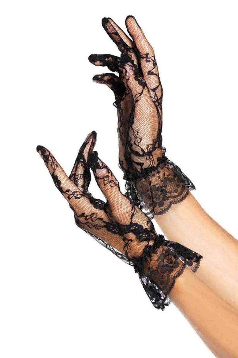 Black Lace Embroidered Ruffled Wrist Gloves - AMIClubwear