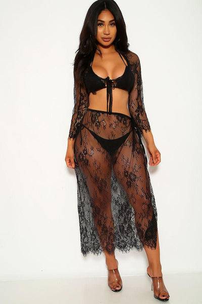 Black Lace Embroidered Swimsuit Cover Up Set - AMIClubwear
