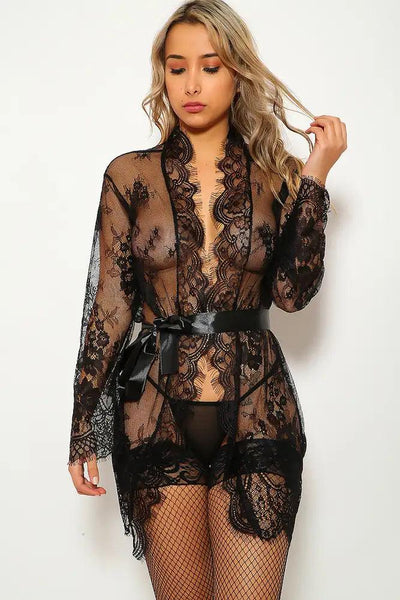 Black Lace Embroidered Two Piece Robe Lingerie Set - AMIClubwear
