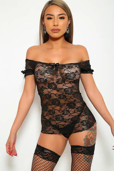 Black Lace Off the Shoulders Babydoll & Thong Lingerie 2Pc. - AMIClubwear
