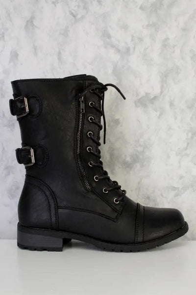 Black Lace Up Back Buckle Accent Stiched Trim Combat Boots Faux Leather - AMIClubwear