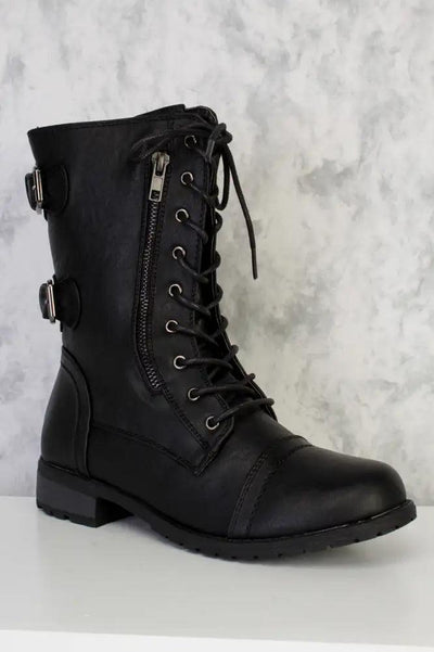 Black Lace Up Back Buckle Accent Stiched Trim Combat Boots Faux Leather - AMIClubwear