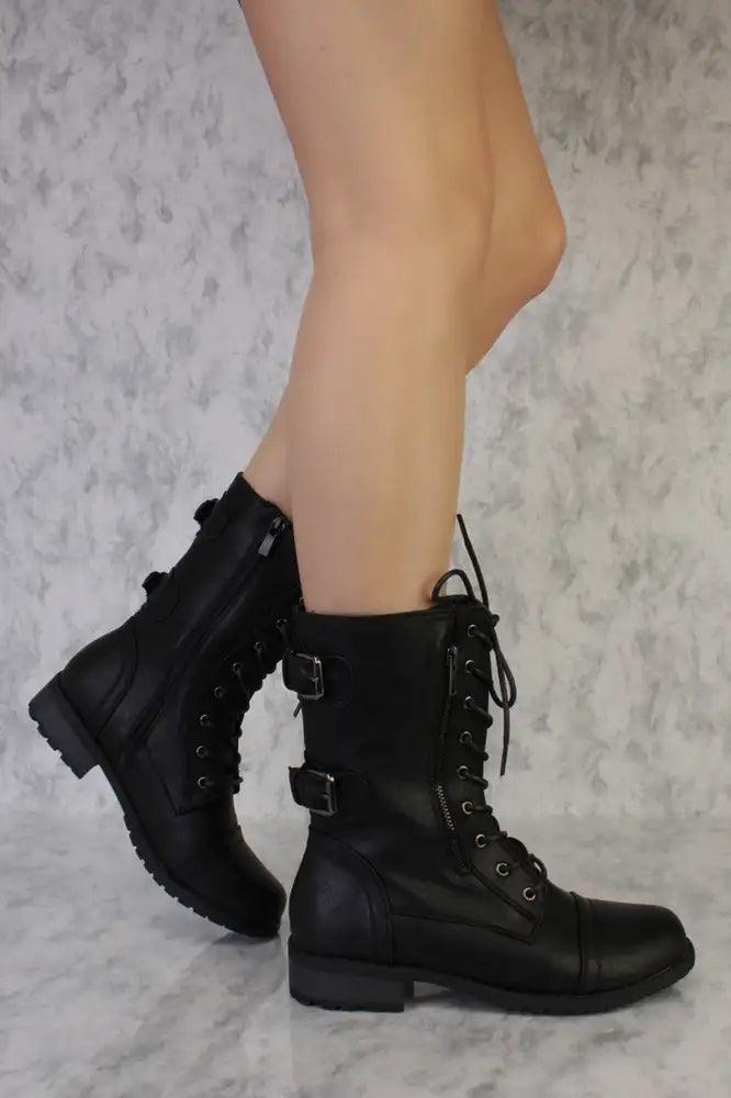 Black Lace Up Back Buckle Accent Stiched Trim Combat Boots Faux Leather - AMIClubwear