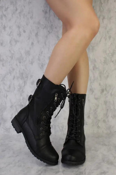 Black Lace Up Back Buckle Accent Stiched Trim Combat Boots Faux Leather - AMIClubwear