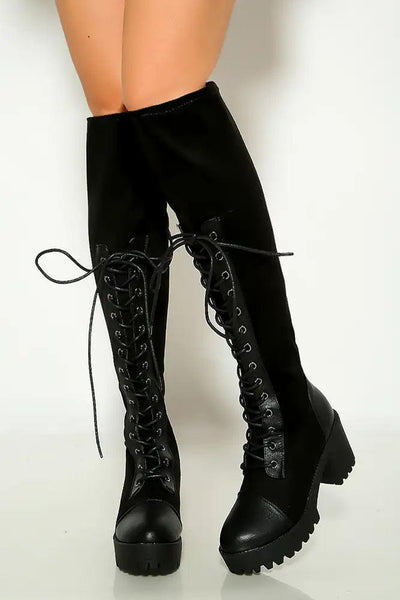 Black Lace Up Chunky Heel Knee High Boots - AMIClubwear