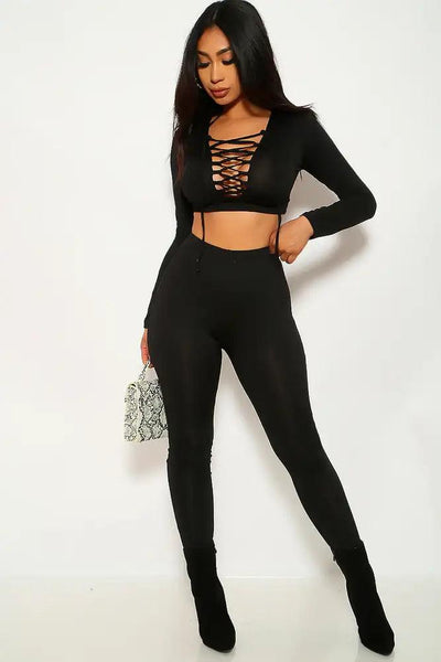 Black Lace Up Cropped Two Piece Outfit - AMIClubwear