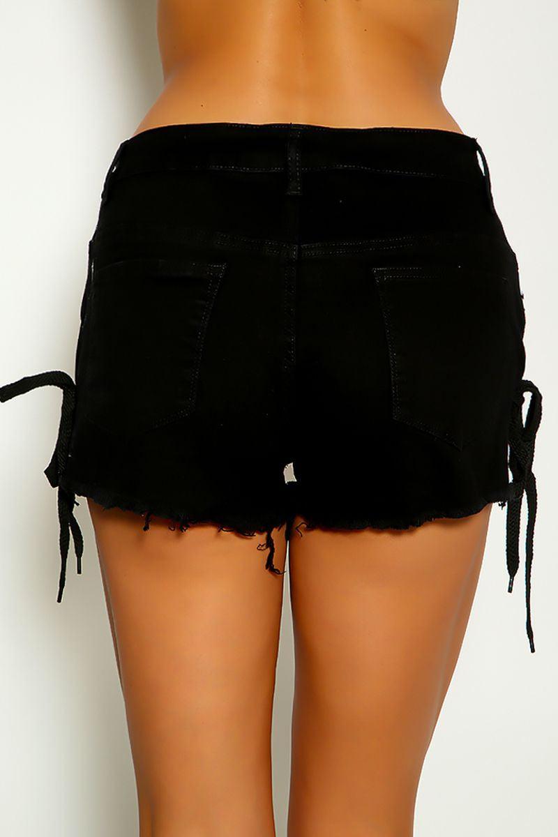 Black Lace Up Frayed Denim Shorts - AMIClubwear