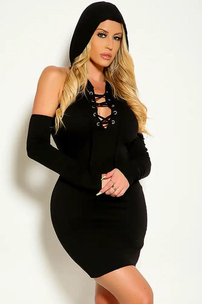 Black Lace Up Hooded Off The Shoulder Backless  Party Dress - AMIClubwear