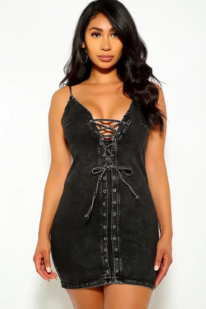 Black Lace Up Party Dress - AMIClubwear