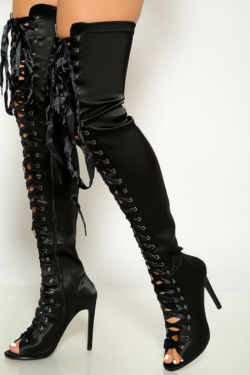 Black Lace Up Peep Toe High Heels Boots Satin - AMIClubwear