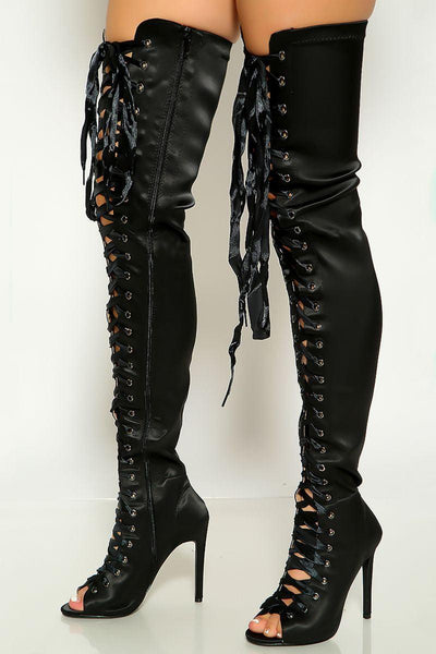Black Lace Up Peep Toe High Heels Boots Satin - AMIClubwear