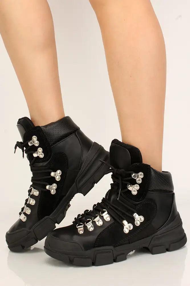 Black Lace Up Platform Sneakers - AMIClubwear